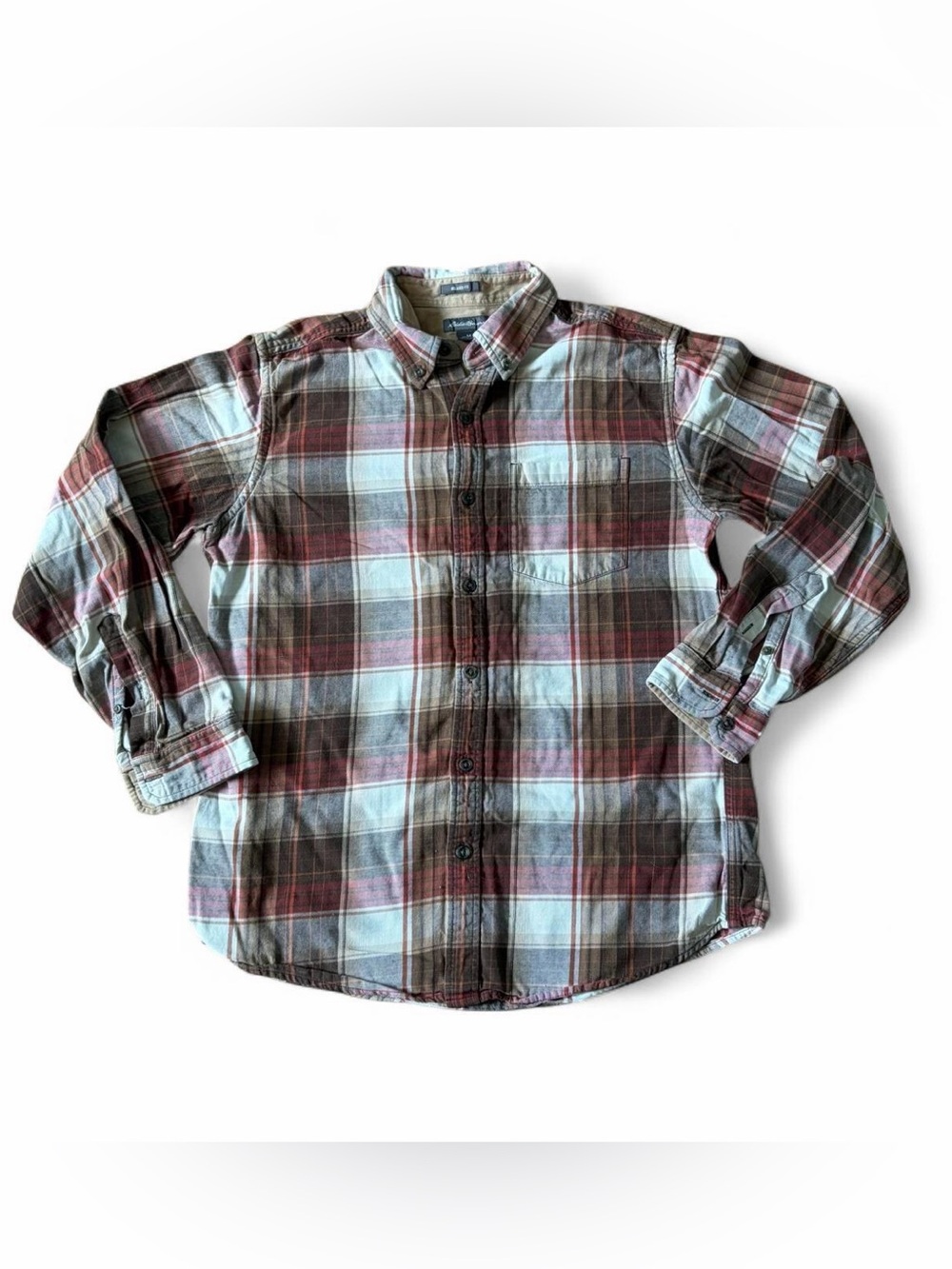Eddie Bauer mens red + white relaxed fit plaid button up flannel shirt Size M